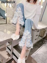 Women's Jeans Korean Style Sweet Heavy Industry Beads Flower Slit Hem Slim Denim Flare Pant Kawaii Lolita Spring High Waisted 230324