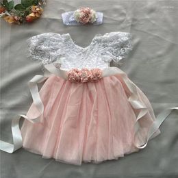 Girl Dresses Toddler Girls Lace Knee Length Tulle Wedding Dress With Flower Sashes Headband 3pcs Outfit For Party Gown