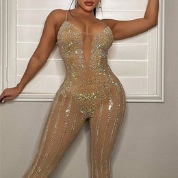 Women's Jumpsuits Rompers Kricesseen Sexy Crystal Sheer Skinny Jumpsuits Women Strap Mesh Patchwork s Rompers Night Clubwear Outfits 230323