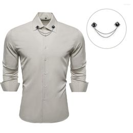 Men's Casual Shirts Spring Autumn Long Sleeve Men Shirt Business Grey Solid Woven Lapel Fit Brooch Set Party Wedding Barry.Wang CY-753
