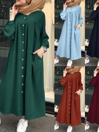 Ethnic Clothing Muslim Dress Women hijab Shirt Long Sleeve Maxi Vestidos Female Button Robe femme musulman High Wasit Solid Sundress 230324