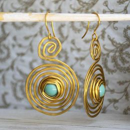 Dangle Earrings Irregular Gold Colour Metal Round Hollow Spiral For Women Fashion Blue Stone Jewellery Gift Party Wedding