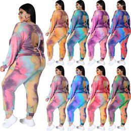 Women's Tracksuits 2023 Spring Sets Large Size Fashion Trends Tie-dye Long Sleeve O-neck Hole Pants Mask 3-pc SuitsWomen's