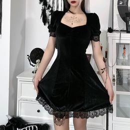 Casual Dresses Women Gothic Dark Velvet A-line Dress Puff Sleeve V-Neck Lace Trim Vintage Punk Harajuku Lolita Clothes Cosplay Party Costume