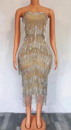 Stage Wear Sleeveless Drill Chain Dress For Women Rhinestone Fringe Long Dresses 2023 Backless Birthday Prom Dance Costume