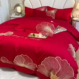 Bedding Sets Red Solid Flower Embroidered Cotton Set Duvet Cover Linen Fitted Sheet Pillowcases Home Textile