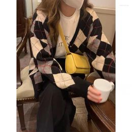 Women's Knits Cardigan Women Elegant Blue Green Argyle Sweater Korean Style V-Neck Ladies Long Sleeve Spring Autumn Female Clothes 2023