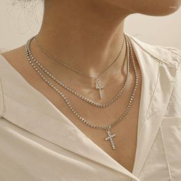 Pendant Necklaces Vintage Multilayer Rhinestone Chains Cross Necklace For Women Fashion Geometric Clavicle Jewellery Kolye XR3228