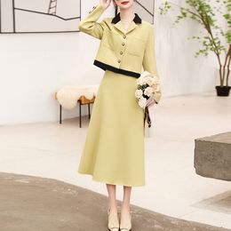 Two Piece Dress Temperament Matching Sets Retro Small Fragrant Jacket Short Coats Long Sleeve Blazer Slim Top And Mid ALine Skirt Suit Chic 230324