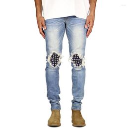 Men's Jeans Men's Skinny Men Ripped Grid Rivet Stretch Denim Pants Man Patchwork High Street Hip Hop Trousers