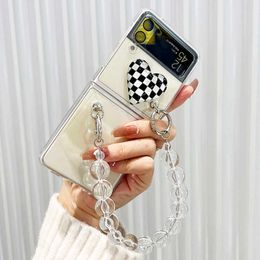 Cell Phone Cases 3D Checkerboard Crystal Clear Heart Phone Case For Samsung Galaxy Z Flip 3 5G Hard PC Cover with Portable Beads Bracelet Z0324