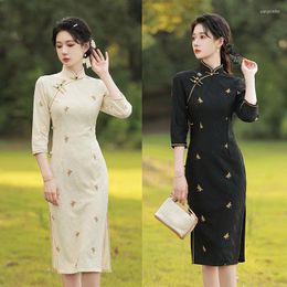 Ethnic Clothing Gorgeous Mandarin Collar Chinese Traditional Women Qipao Slim Cotton Linen Long Fork Ladies Cheongsam Vintage