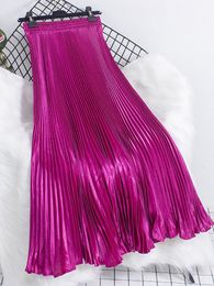 Skirt 's Fashion Pleated Mermaid Long Skirt Korean Style Casual High Waist Satin Flowy Shiny 19 Colours Autumn SK500 230324