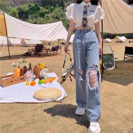 Women's Jeans Fashion Highquality Lace Ripped Design Highwaisted Jean's Waist Slimming Loose Straight Tube Thin Trousers Students 230324