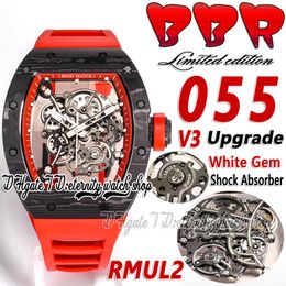 BBR V3 bbrf055 Mens Watch RMUL2 Automatic Movement 13.5MM Ultrathin NTPT Carbon fiber Case Skeleton Dial Red Natural Rubber Strap Limited Edition eternity Watches