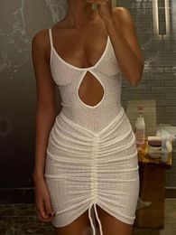 Casual Dresses Hirigin Sexy Hollow Out Mini Dress Women Fashion Strap Ruched Bodycon Beach 2023 Summer See Through Night Club Outfits