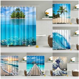 Shower Curtains Seaside Beach Sea Wave Coconut Tree Washable Bathroom Fabric Waterproof Polyester Bath Accessor 230324