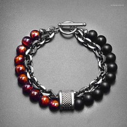 Charm Bracelets 10/20/50Pcs/Lot Men's Tiger Eye Stone Beaded Bracelet Stainless Steel Gunmetal Link Chain Yoga Male Jewelry