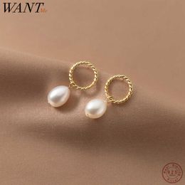 Charm WANTME 925 Sterling Silver Fashion Hoop Twist Hanging Natural Baroque Pearl Drop Earrings for Women Classic Charms Party Jewellery Z0323