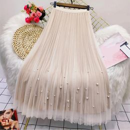Skirts Rimocy Both Sides Wear Pearls Mesh Skirt Women Summer Velvet High Waist Long Woman Solid Colour A Line Pleated 230324