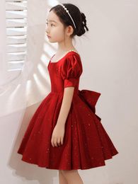 Girl Dresses Elegant Children Girls Pearls Red Velvet Dress For Xmas Costume Kids Beading Bling Pleated A-line Formal Clothing