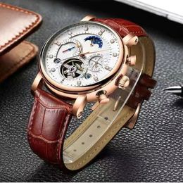 Tourbillon orologio meccanico automatico orologi di design scheletro carica manuale montre de luxe orologio business casual in pelle naturale da gentiluomo SB042 C23