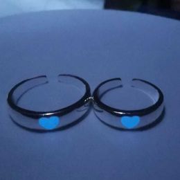 Band Rings Blue Pink Love Heart Luminous Ring for Women Men Couple Glow In Dark Silver Color Adjustable Couple Finger Rings Jewelry Gift AA230323