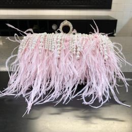 Evening Bags Luxury Real Ostrich Feathers Handbag Women's Pouch Purse Pink Green Diamond Clutch Party Messenger Bag For Ladies