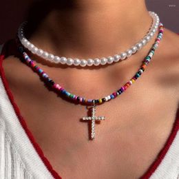 Pendant Necklaces Boho Simulated-pearl Bead For Women Rhinestone Cross Necklace Multicolor Seed Beads Strand Aesthetic Jewellery