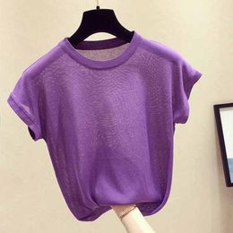 Women's T-Shirt Korean Ice Silk Knitted Thin T Shirt Women Short Sleeve Loose Tee Shirt Femme Solid Basic O-Neck Summer Tops 230324