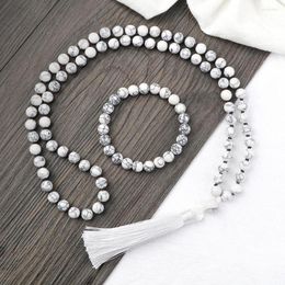 Necklace Earrings Set Trendy 6MM 8MM Black Line Stone Tassel Pendant Necklace&Bracelet Women Men Meditation Energy Healing Bangles
