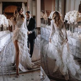 Luxury Mermaid Wedding Dresses Jewel Pearls High Waist Long Sleeves Feathers Court Gown Custom Made Plus Size Zipper Bridal Gown Vestidos De Novia