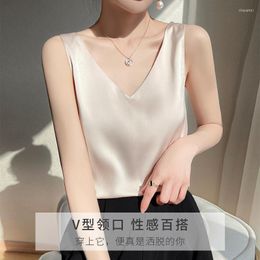 Women's Blouses Summer Camisole Women's Sleeveless White Black Satin V-neck Top Shirt Blouse