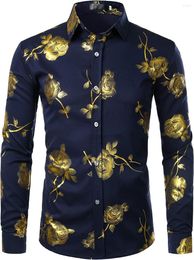 Men's Dress Shirts Men's Gold Glitter Paisley Nightclub 3D Rose Print Button Down Party Shirtlong Sleeve Shirt For Men