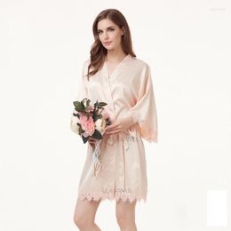 Women's Sleepwear 2023 Solid Colour Short Robe Bride Kimono Bridal Bridesmaid Satin Bathrobe Night Dress Eyelash Lace Dressing Gown