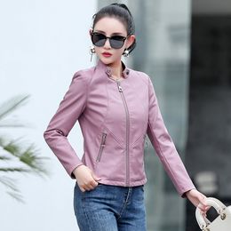 Women's Jackets Women Leather Jacket Spring Autumn Fashion Small Stand Collar Slim Waist Split Short Coat Pink Sheepskin Outerwear 230324