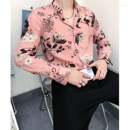 Men's Casual Shirts 2023 Men's Ice Silk Fabric Printing Long Sleeve Fashion Brand Korean Handsome Pink/black Color Lapel Collar M-3XL