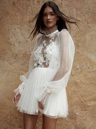 Summer Short Mini Beach Wedding Dress Pleats A-Line Ivory Tulle Bridal Gowns Sexy Backless High Neck Long Sleeves 3D Floral Appliqued Bohemian 2023 Vestido De Novia