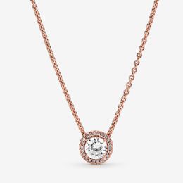 18K Rose Gold Round Sparkle Halo Necklace for Pandora 925 Sterling Silver Wedding designer Jewellery For Women CZ Diamond Gifts Necklaces with Original Box Set