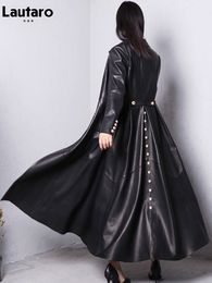 Women's Jackets Lautaro Autumn Long Skirted Red Black Faux Leather Trench Coat for Women Double Breasted Elegant Luxury Fashion 4xl 5xl 6xl 7xl 230324