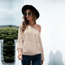 Women's Blouses & Shirts 2023 Fall Solid Colour Strapless Pocket Oversized Knit Open Back Top For Ladies Fashion All Match Chic