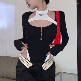 Women's T Shirts Vintage Letter Printed Hollow Sexy Slim Long-sleeved T-shirt Women 2023 Spring Contrast Color Patchwork Casual Bodysuit