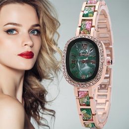 Armbanduhren Mode Simulierte Keramik Armband Uhr Frauen Luxus Gold Armbanduhren Ländlichen Elegante Blumen Band Kristall Dekor Kleid