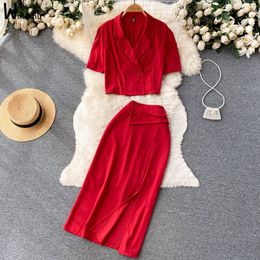 Two Piece Dress Short Sleeve Blazer Office Ladies Suits Sexy Elegant Solid Set Chic Elastic High Waist Midi Skirts Design Work Outfits 230324