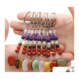 Keychains Lanyards Love Heart Stone Key Rings 7 Colours Chakra Beads Chains Charms Healing Crystal Keyrings For Women Men Drop Deli Dhulj