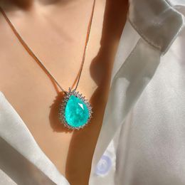 Chains Sterling 925 Silver Paraiba Tourmaline Emerald Stone Pendant Necklace Lab Cubic Zircon Fine Jewellery Valentines Day Gift