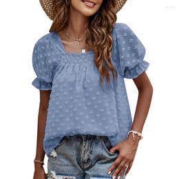 Women's T Shirts Womens Puff Short Sleeve Summer Blouse Chiffon Floral Jacquard Square Neck Solid Colour Casual Loose Fit Flowy Top