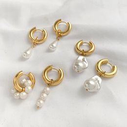 Dangle Earrings Fashion Natural Pearls Classic Gold Plated Stainless Steel Ear Buckle Circle Huggie For Women Jewellery