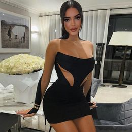 Casual Dresses Party Club Black Mini Dress Women Long Sleeve Mesh See Through Bodycon 2023 Fall Clothing Wholesale Items For Business