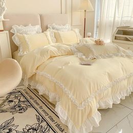 Bedding Sets Washed Cotton Bed Four-piece Set Fresh Solid Colour Lace Quilt Cover Sheet Pillowcase Princess Style Cute Girl Comforter